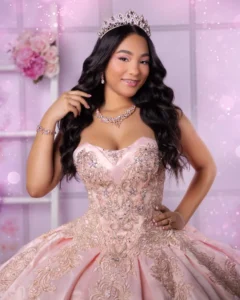 Long pink tulle quinceañera dress with volume