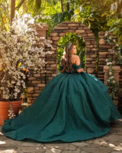 Green quinceañera dress with emerald tones