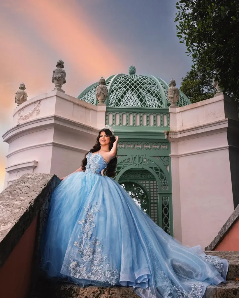 Baby blue quinceañera dress with lace details