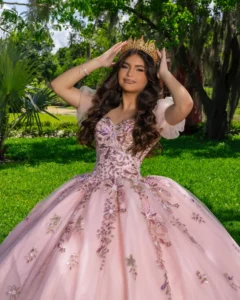 Light pink quinceanera dress with beaded bodice
